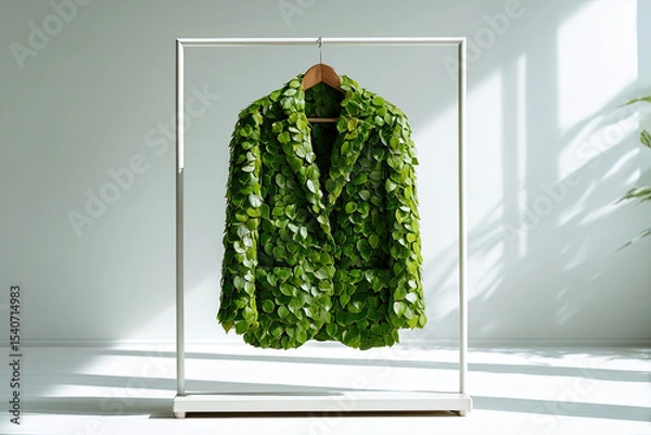 Fototapeta Green leaf business suit hanging on minimalist rack in bright daylight