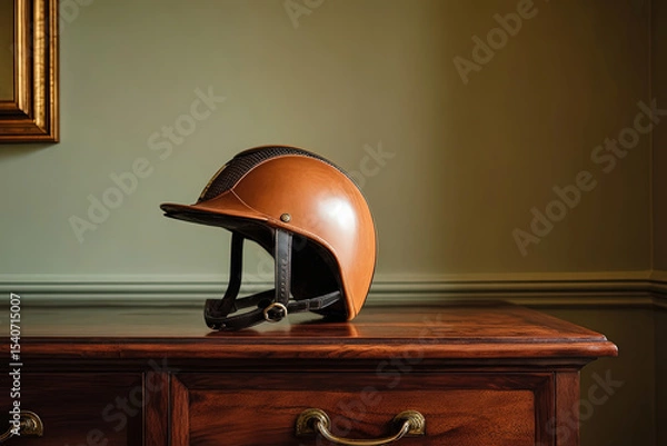 Fototapeta Equestrian helmet on polished dark wood surface with muted khaki background