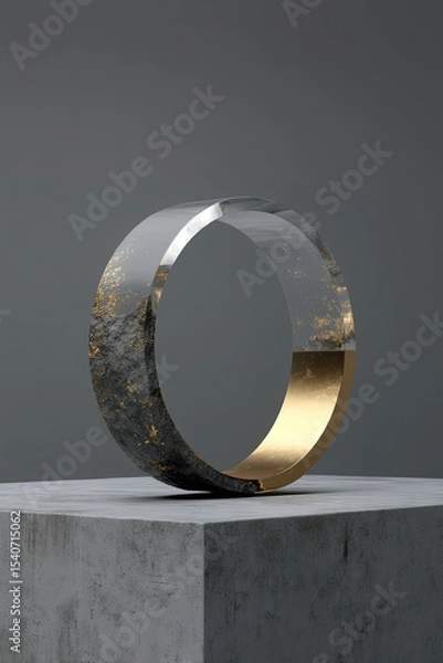 Fototapeta Minimalist 3d render of split glass and gold ring balanced on concrete platform