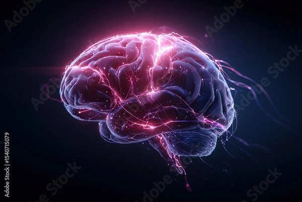 Fototapeta Digital brain split with neon light surge symbolizing ai awakening and innovation