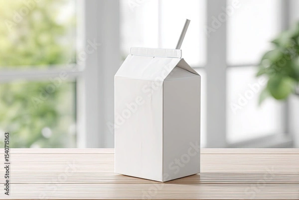 Fototapeta Minimalist white cardboard juice box with straw on table in soft daylight