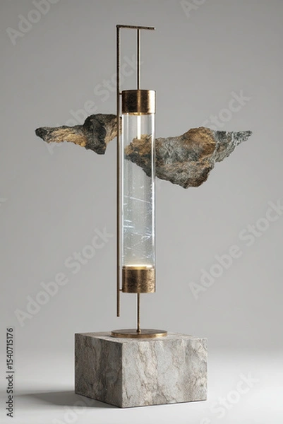 Fototapeta Abstract vertical glass tube with bronze sculpture parts on gray pedestal