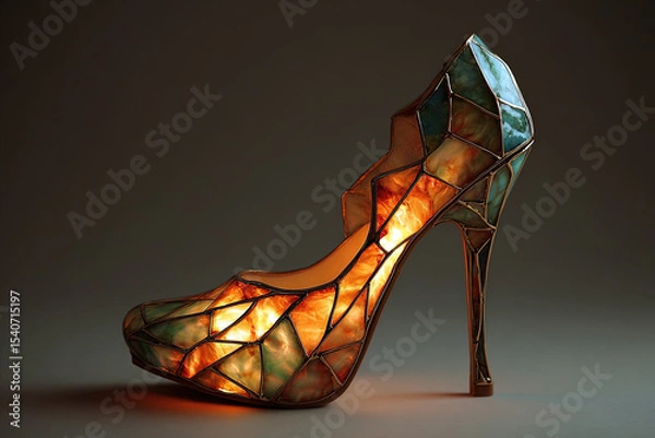 Fototapeta Surreal glowing high-heel shoe made of stained glass shards with soft shadows