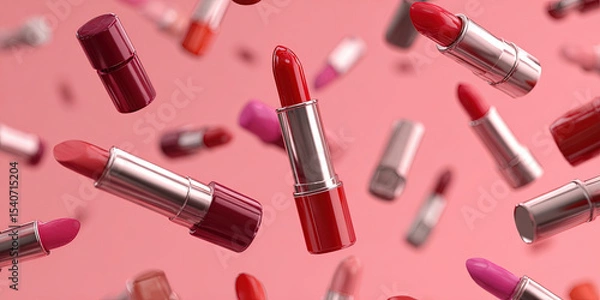 Fototapeta 3d render of multiple lipsticks flying on vibrant pink background