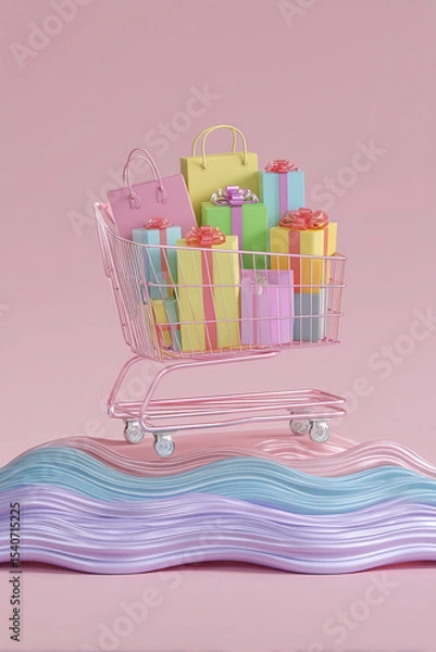 Fototapeta Colorful shopping cart with gift boxes and bags on wavy pedestal in pink studio