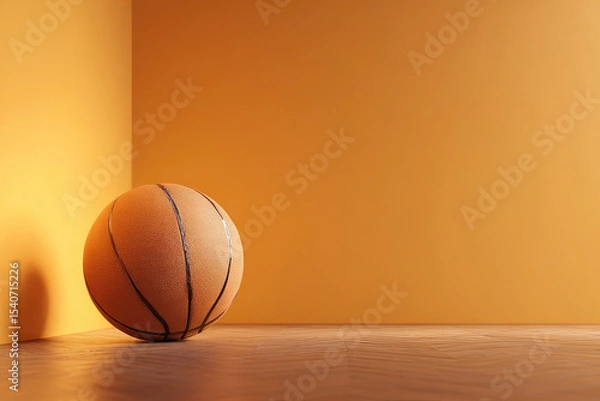Fototapeta Basketball on wooden floor with orange gradient wall and empty space for text