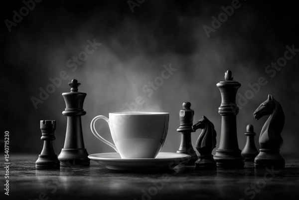Fototapeta Black and white chess pieces and tea cup symbolizing strategy and mindfulness