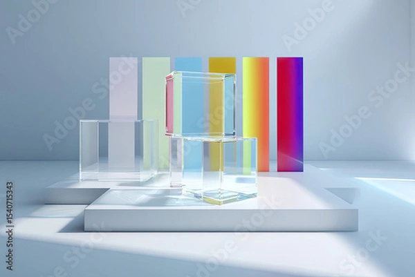 Fototapeta Minimalist floating acrylic cubes with color samples on white background