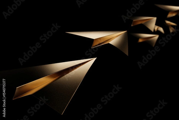 Fototapeta Gold foil paper planes floating on black background with dramatic lighting