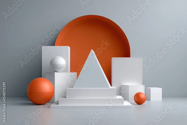 Fototapeta 3d abstract geometric composition with red accent and monochrome shapes