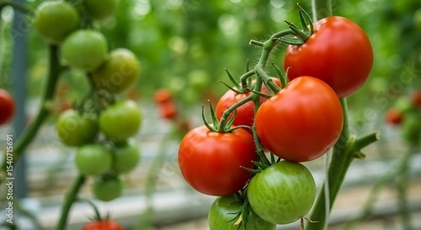 Obraz Maturation of tomatoes in the greenhouse. Organic farming