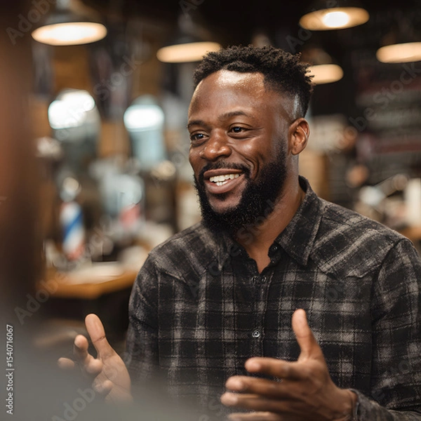 Fototapeta A smiling Black man, wearing a dark plaid shirt, gestures expressively during a conversation in a dimly lit barbershop setting.