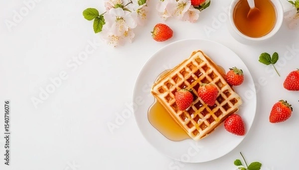 Fototapeta Top view of waffles with honey and strawberries, flowers on the side, white background, flat lay, banner for social media post, flat layout, minimalistic, space around edges, bright soft colors