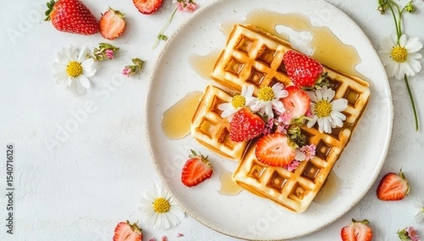 Fototapeta Top view of waffles with honey and strawberries, flowers on the side, white background, flat lay, banner for social media post, flat layout, minimalistic, space around edges, bright soft colors