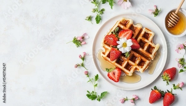 Fototapeta Top view of waffles with honey and strawberries, flowers on the side, white background, flat lay, banner for social media post, flat layout, minimalistic, space around edges, bright soft colors