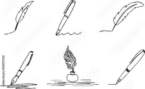Obraz A black and white hand-drawn illustration set featuring various writing instruments, including fountain pens and quill pens.