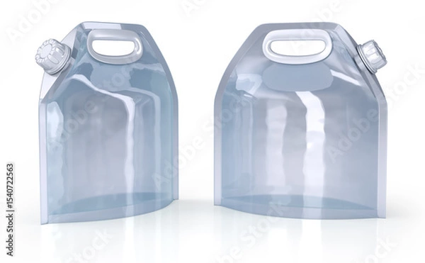 Fototapeta Clear plastic soft flask with handle design. Liquid packaging pouches. 3d illustration on white background