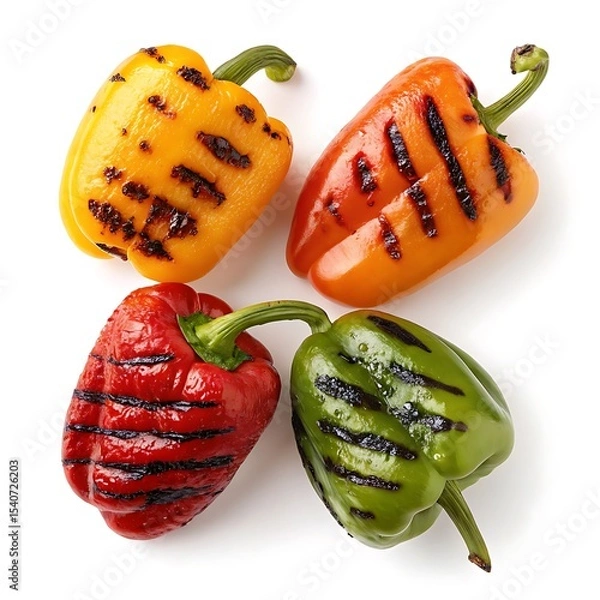 Obraz Four grilled bell peppers in different colors isolated on white background