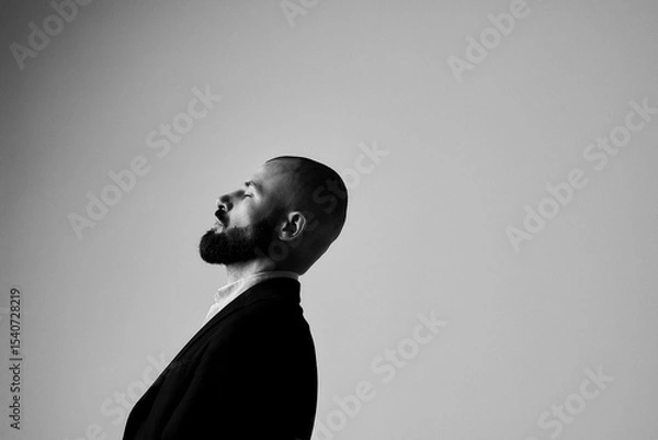 Fototapeta A man with a beard in a suit looks upward in a classic black and white portrait.