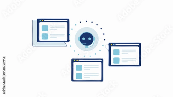 Fototapeta Illustration showing a chatbot surrounded by three browser windows displaying content and interface elements