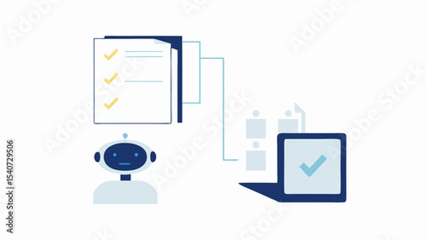 Fototapeta Illustration of a robot processing documents and displaying a checkmark on a screen automation task