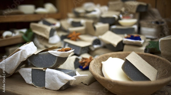 Obraz Flat-lay and lifestyle images of biodegradable packaging, paper bags, reusable containers, and organic product branding.