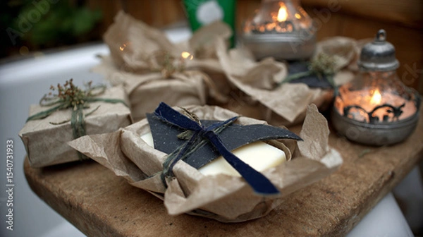 Obraz Flat-lay and lifestyle images of biodegradable packaging, paper bags, reusable containers, and organic product branding.