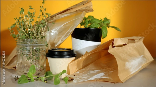 Obraz Flat-lay and lifestyle images of biodegradable packaging, paper bags, reusable containers, and organic product branding.
