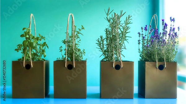 Obraz Flat-lay and lifestyle images of biodegradable packaging, paper bags, reusable containers, and organic product branding.