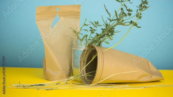 Obraz Flat-lay and lifestyle images of biodegradable packaging, paper bags, reusable containers, and organic product branding.