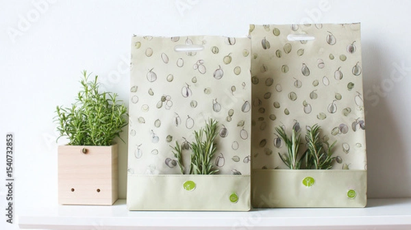 Obraz Flat-lay and lifestyle images of biodegradable packaging, paper bags, reusable containers, and organic product branding.