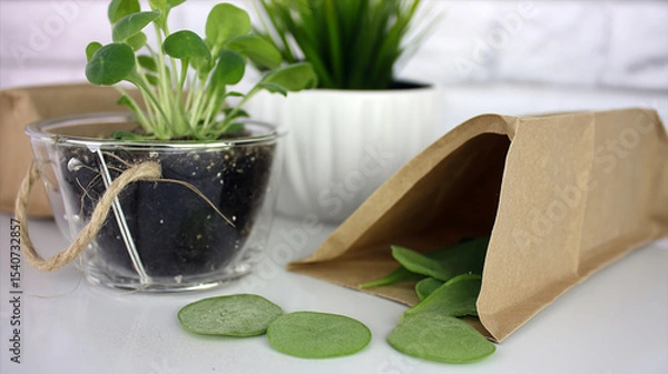 Obraz Flat-lay and lifestyle images of biodegradable packaging, paper bags, reusable containers, and organic product branding.