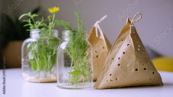 Obraz Flat-lay and lifestyle images of biodegradable packaging, paper bags, reusable containers, and organic product branding.