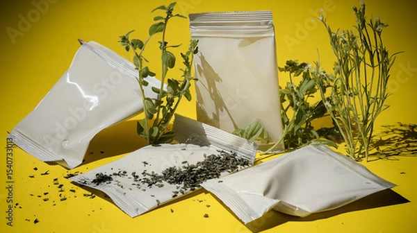 Obraz Flat-lay and lifestyle images of biodegradable packaging, paper bags, reusable containers, and organic product branding.