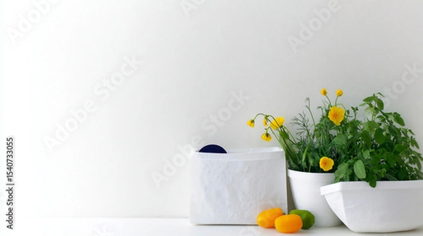 Obraz Flat-lay and lifestyle images of biodegradable packaging, paper bags, reusable containers, and organic product branding.