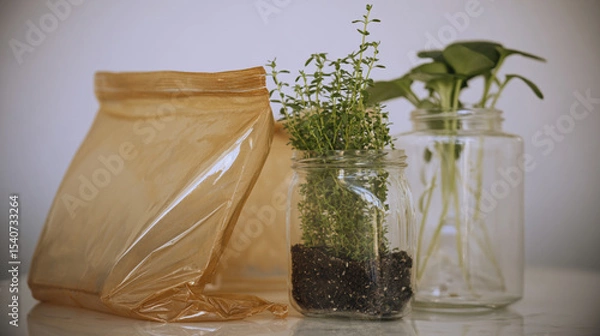 Obraz Flat-lay and lifestyle images of biodegradable packaging, paper bags, reusable containers, and organic product branding.