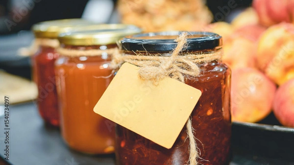 Obraz Glass jars filled with homemade jams, pickles, and preserved vegetables.