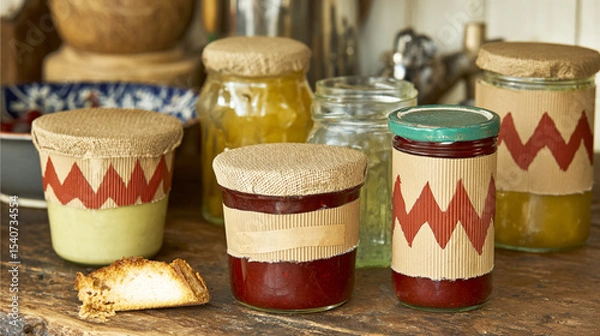 Obraz Glass jars filled with homemade jams, pickles, and preserved vegetables.