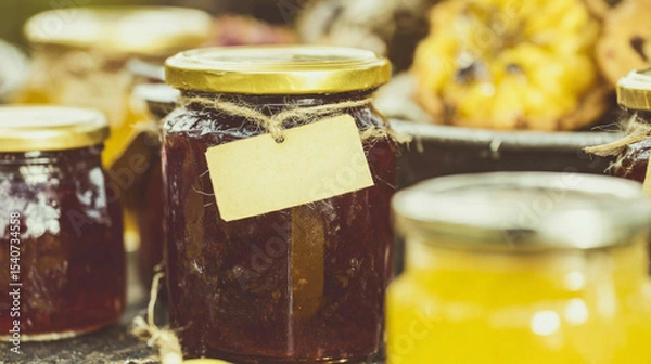 Obraz Glass jars filled with homemade jams, pickles, and preserved vegetables.