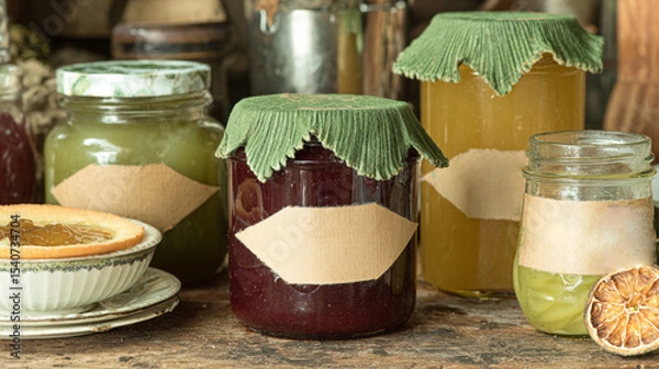 Obraz Glass jars filled with homemade jams, pickles, and preserved vegetables.