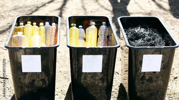 Obraz Images of modern recycling centers, colorful waste sorting bins, conveyor belts with materials, and eco-conscious infrastructure.