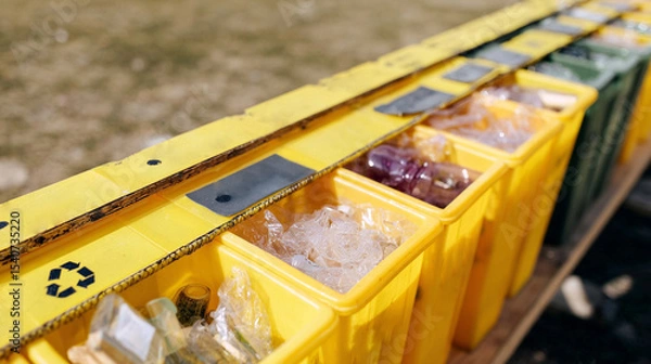 Obraz Images of modern recycling centers, colorful waste sorting bins, conveyor belts with materials, and eco-conscious infrastructure.