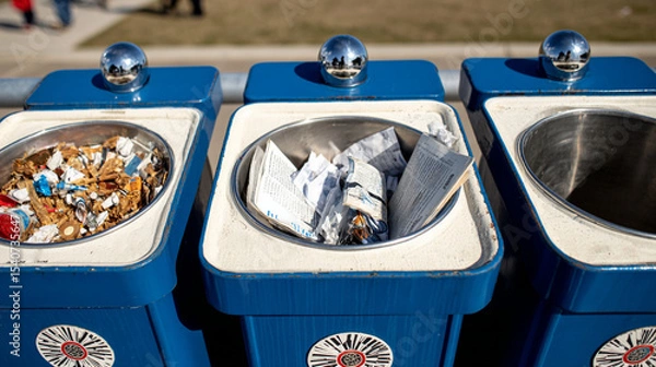 Obraz Images of modern recycling centers, colorful waste sorting bins, conveyor belts with materials, and eco-conscious infrastructure.