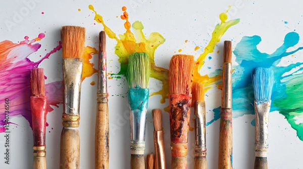 Obraz Paint Brushes and Colorful Splashes Flatlay