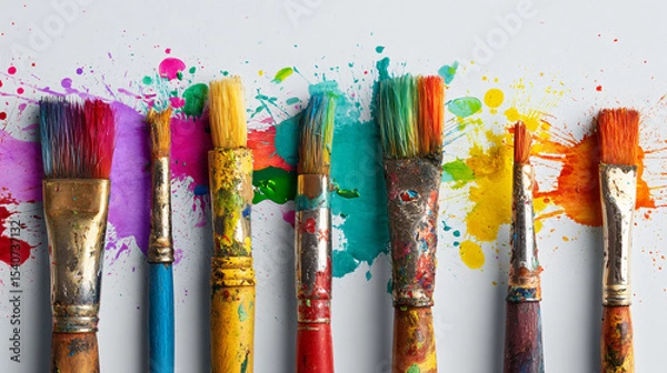 Obraz Paint Brushes and Colorful Splashes Flatlay