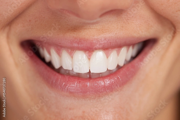 Fototapeta A woman with a big smile on her face, showing off her teeth. Concept of happiness and confidence