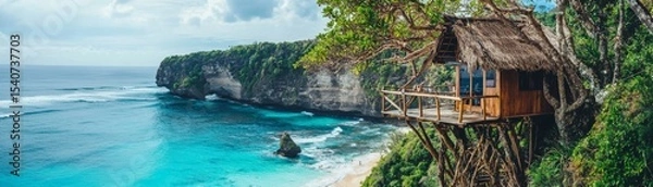 Obraz Oceanside Treehouse Cliffside Bungalow Composition, Tropical Paradise, Bali. Travel, Vacation