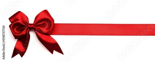 Obraz Red Satin Bow and Ribbon on White Gift Decoration, Holiday Design Gift wrapping, Ribbon bow