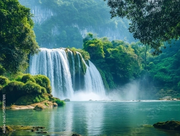 Obraz Serene Waterfall Lush Green Landscape, Cascading Water, Tranquil Pool, Nature Photography, Waterfall Photography Waterfall, Nature