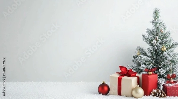 Obraz Snowy Christmas Scene Gift Boxes, Decorated Tree, Minimalist Composition, Holiday Background, Winter Wonderland Christmas, Holiday